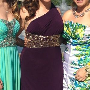 dark purple open back prom dress